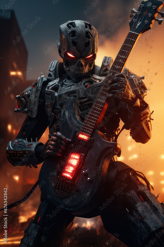 Naklejka premium Skull robot playing guitar, AI generated Image