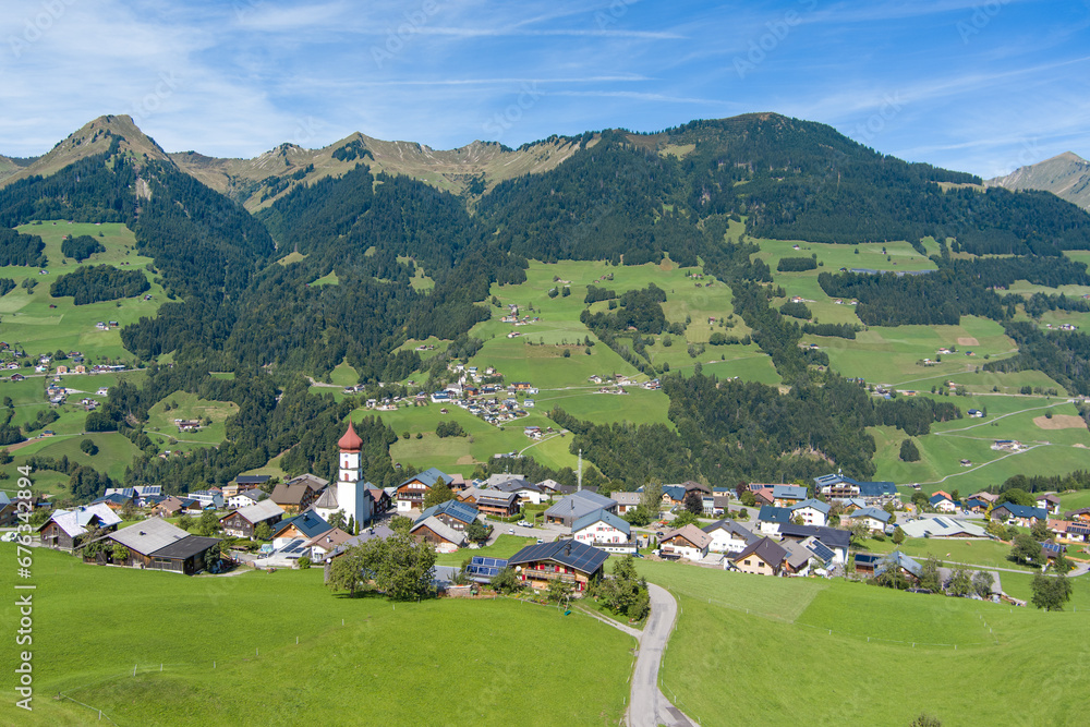 Village of Raggal in the Grosswalsertal Valley, State of Vorarlberg, Austria. Drone Picture