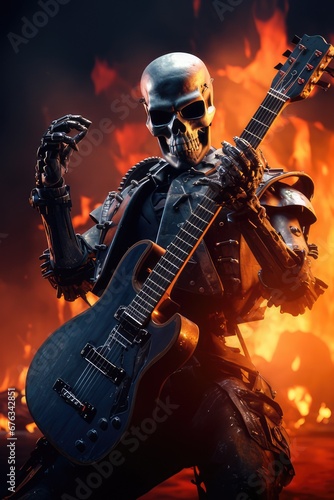 Skull robot playing guitar, AI generated Image