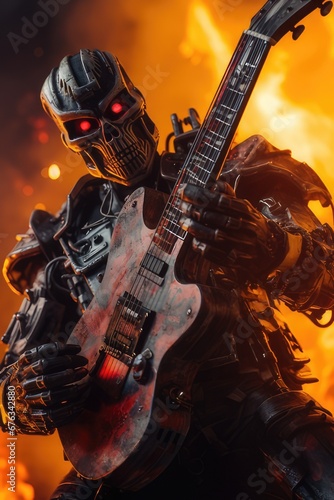 Skull robot playing guitar, AI generated Image