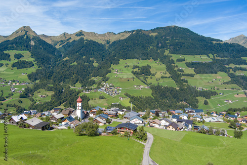Village of Raggal in the Grosswalsertal Valley, State of Vorarlberg, Austria. Drone Picture