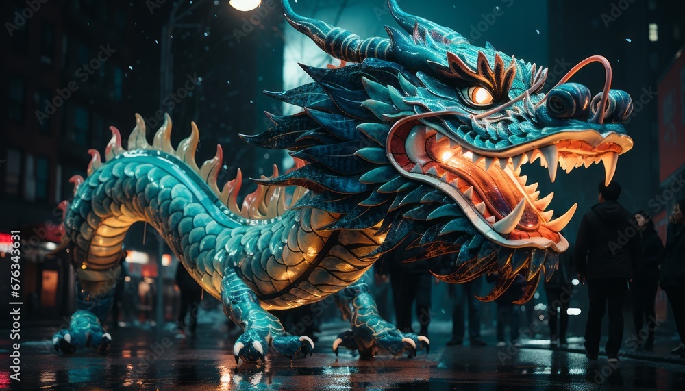 Fototapeta premium Chinese new year street procession with colorful float depicting mythological character