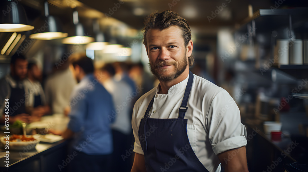 Obraz premium A male chef in a bustling kitchen, soft natural light, dressed in a chef's uniform