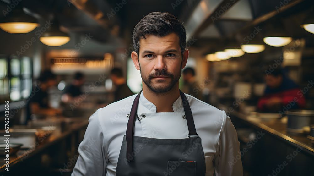 A male chef in a bustling kitchen, soft natural light, dressed in a chef's uniform A male chef in a bustling kitchen, soft natural light, dressed in a chef's uniform