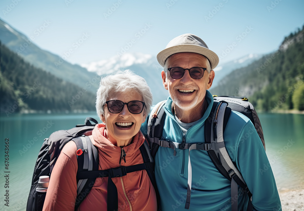pareja mayor de 50 años haciendo senderismo entre montañas nevadas cerca de un lago, Concepto de viajes y actividades para jubilados - obrazy, fototapety, plakaty 