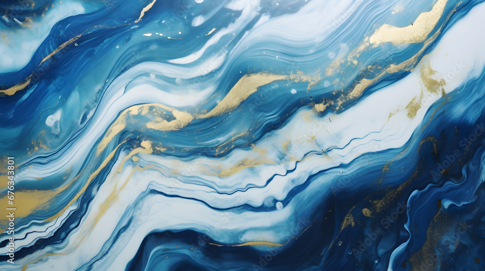 Abstract ocean- ART. Natural Luxury. Style incorporates the swirls of marble or the ripples of agate. Very beautiful blue paint with the addition of gold powder Texture. generative AI.