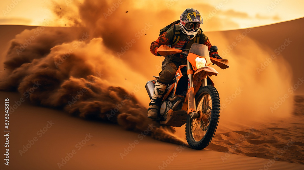 Motorcycle biker rider on Dakar Rally on desert dunes at sunset