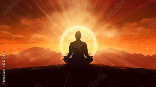 Silhouette of meditations on the background of the sun. A man meditates at sunset