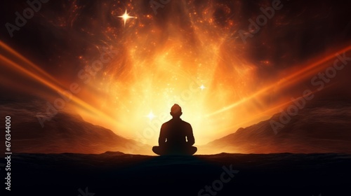 Silhouette of meditations on the background of the sun. A man meditates at sunset