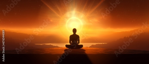 Silhouette of meditations on the background of the sun. A man meditates at sunset © BraveSpirit