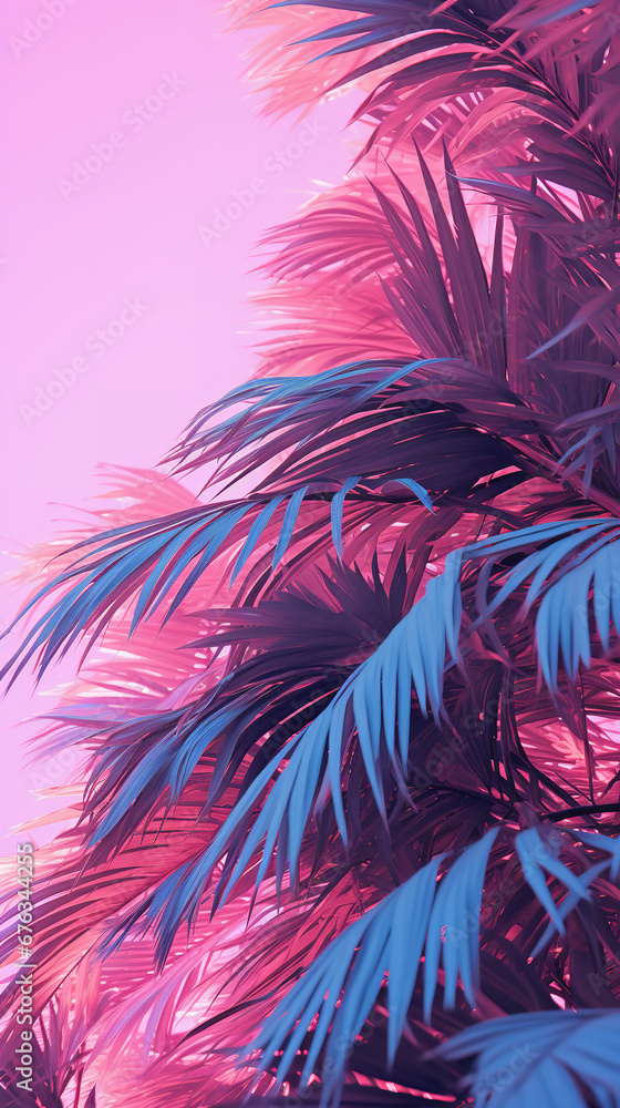 a purple and pink color palette of palm leaves, in the style of light pink and azure
