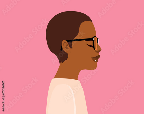 Young woman wearing white casual top and glasses looking to side vector illustration. Female person profile pose  with confident smile on pink background