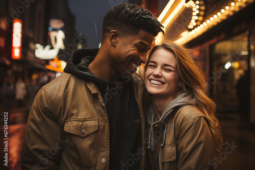  A lively image of a couple with different abilities, sharing a joyous moment against the backdrop of a city aglow with lights