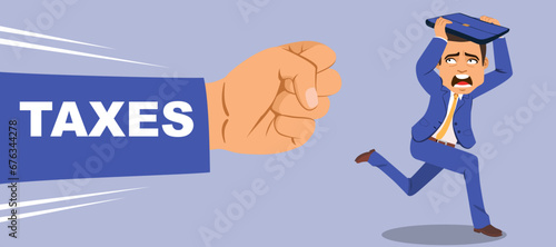 Businessman running away from fist arm taxes concept vector illustration