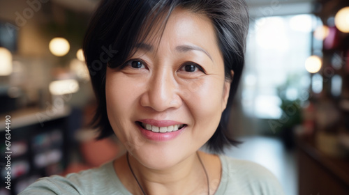 Closeup selfie portrait of happy smiling senior asian woman indoor