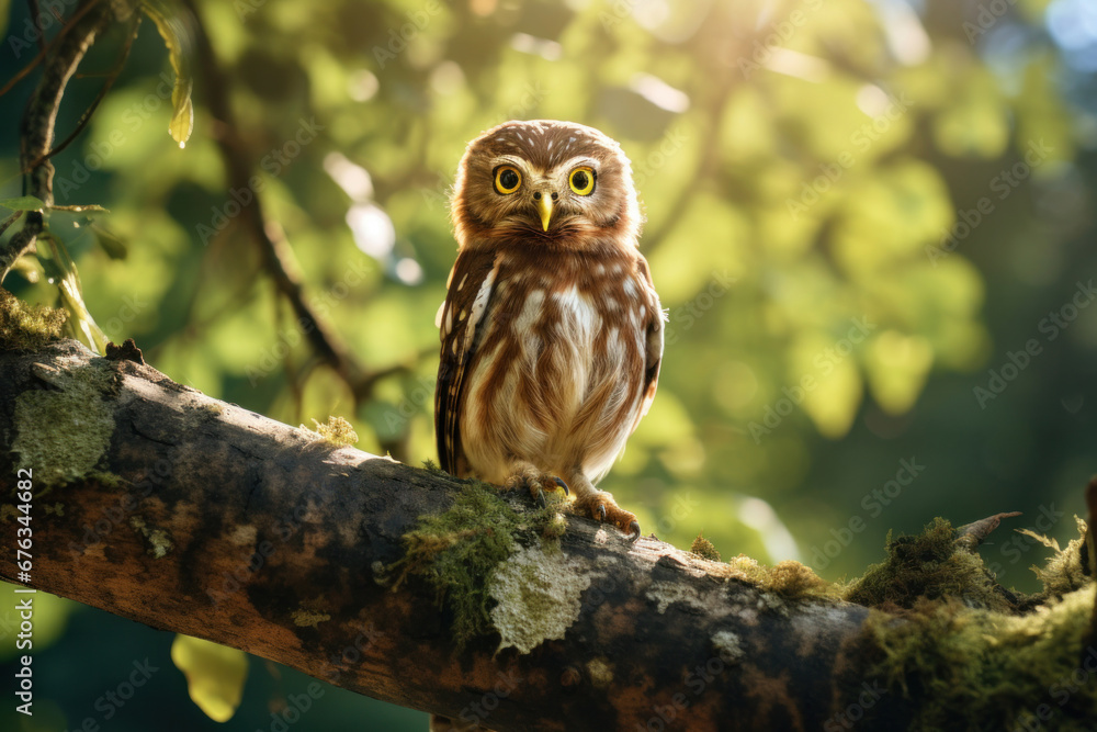 A little owl on branch in the forest. A little owl on branch in the forest.