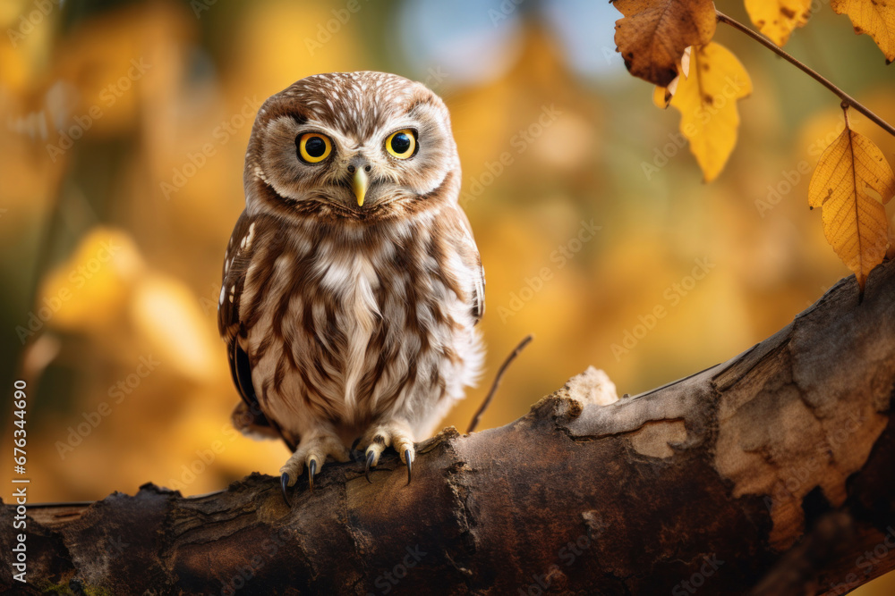 A little owl on branch in the forest. A little owl on branch in the forest.