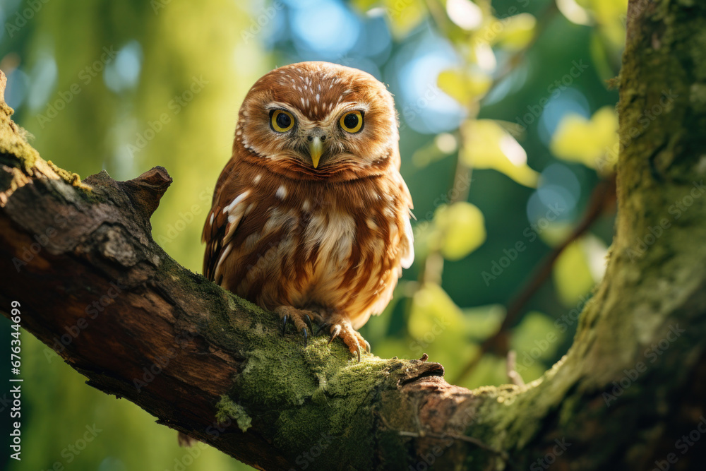 A little owl on branch in the forest. A little owl on branch in the forest.