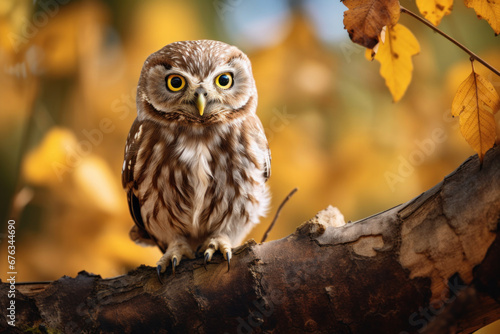 A little owl on branch in the forest.