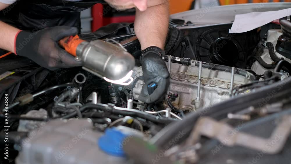 Close-up of a gloved worker holding an LED inspection lamp while repairing a car in a repair garage. Close-up of a gloved worker holding an LED inspection lamp while repairing a car in a repair garage.