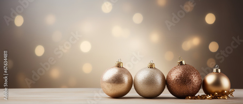 Golden Christmas baubles on a shimmering background with twinkling lights and a warm