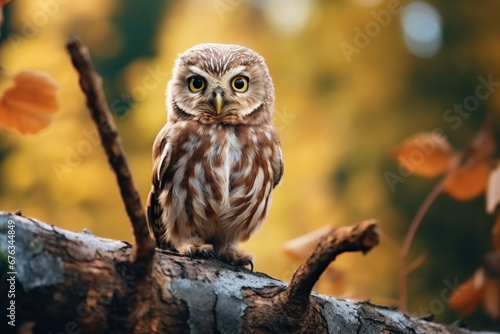 A little owl on branch in the forest.