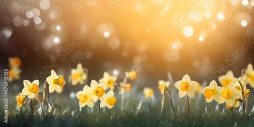 Flowers of Narcissus,in Showa Kinen Park,Tokyo,Japan, Blooming yellow daffodils in the foreground in a meadow with dark green background, generative AI