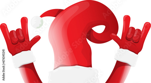 Merry christmas horizontal banner with Santa Claus rock n roll style and santa red hat isolated on white background. Merry Christmas hipster Rock n roll party poster or flyer design template.