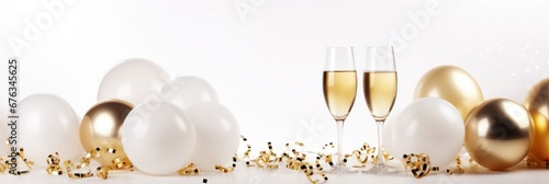 Glam New Years Eve celebration white and gold background with balloons, disco balls, confetti and champagne glasses with copy space photo