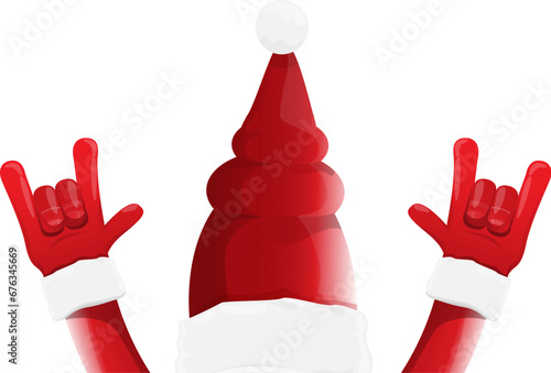 Merry christmas horizontal banner with Santa Claus rock n roll style and santa red hat isolated on white background. Merry Christmas hipster Rock n roll party poster or flyer design template.