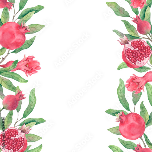 Frame with pomegranates on white background. Watercolor fruits flowers and leaves of pomegranate drawn by hand. Botanical illustration with space for text.