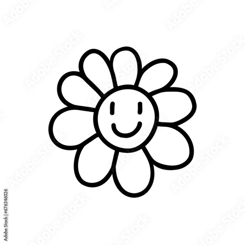 Hand drawn smiley face flower. Vector rough line illustration isolated on white background.