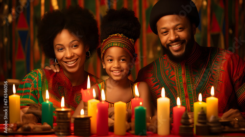 African family celebrating Kwanzaa with traditional candles. photo