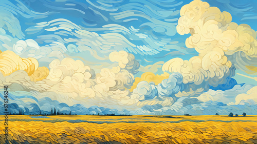 Hand drawn cartoon beautiful sky clouds landscape illustration background 