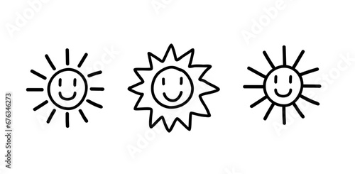 Hand drawn happy sun icons set. Vector black line doodles isolated on white background.