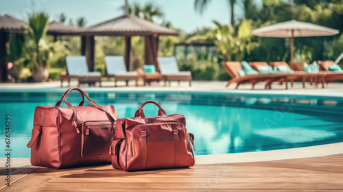 A luggage suitcases beside resort swimming pool for tourism summer. © tong2530