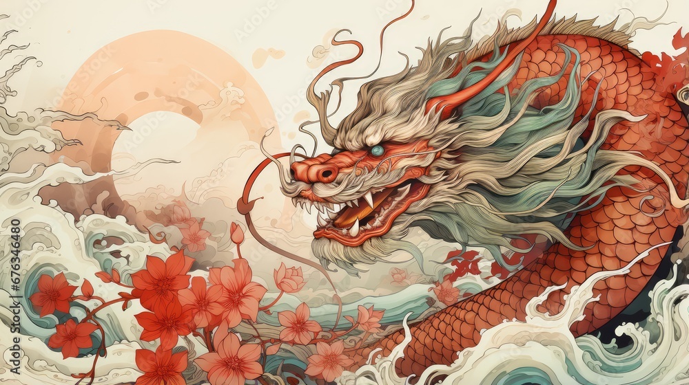 Traditional east asian dragon symbol of new year. Generative AI - obrazy, fototapety, plakaty 