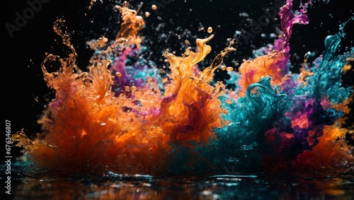 Colorful liquid splashes on a black background  creates a dynamic and fluid effect. In movement it transmits energy  impact. The contrast capturing the creativity and chaos of an explosion of color.