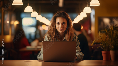 Student or young freelance woman looking at camera, with computer at the table in a cafe. Girl working on laptop.