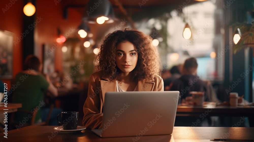 Student or young freelance woman looking at camera, with computer at the table in a cafe. Girl working on laptop. Student or young freelance woman looking at camera, with computer at the table in a cafe. Girl working on laptop.
