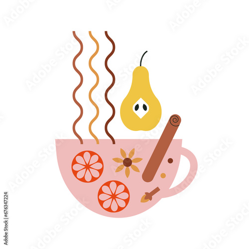 Fruit and spices in mug. Cup of tea or mulled wine with orange fruit, star anise and cinnamon stick on white background. Spicy and healthy warm winter drink. Drink lover concept. Vector illustration.