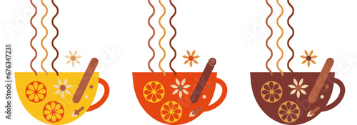 Spicy and healthy warm winter drink set. Fruit and spices in mug. Cup of tea, coffee, chocolate or mulled wine with orange fruit, star anise and cinnamon stick. Drink lover concept. Vector collection.