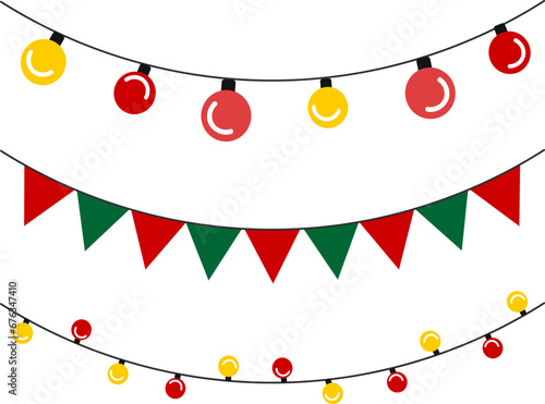 set of holiday hangings with lamps and flags. christmas wall decorations with lights and triangles. vector christmas ornaments on string. new year holiday birthday garlands