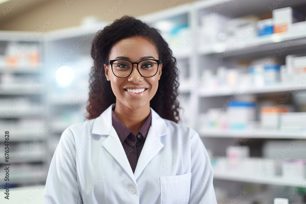A smiling female pharmacist in a pharmacy looking at the camera.