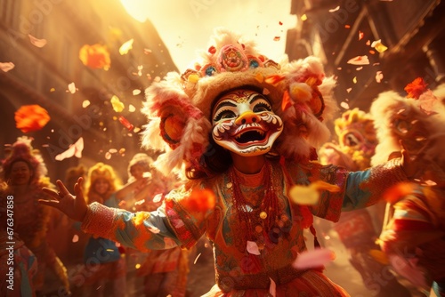 Captivating chinese new year lion dance troupe surrounded by an excited and joyful crowd
