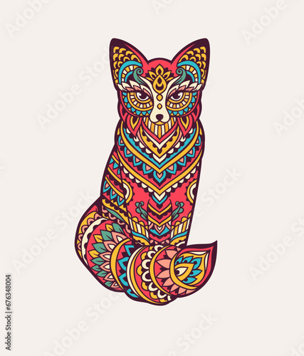 Fox mandala retro. Vector illustration. Flower Ethnic drawing. Fox animal nature in Zen boho style. Magic Coloring page, hippie style
