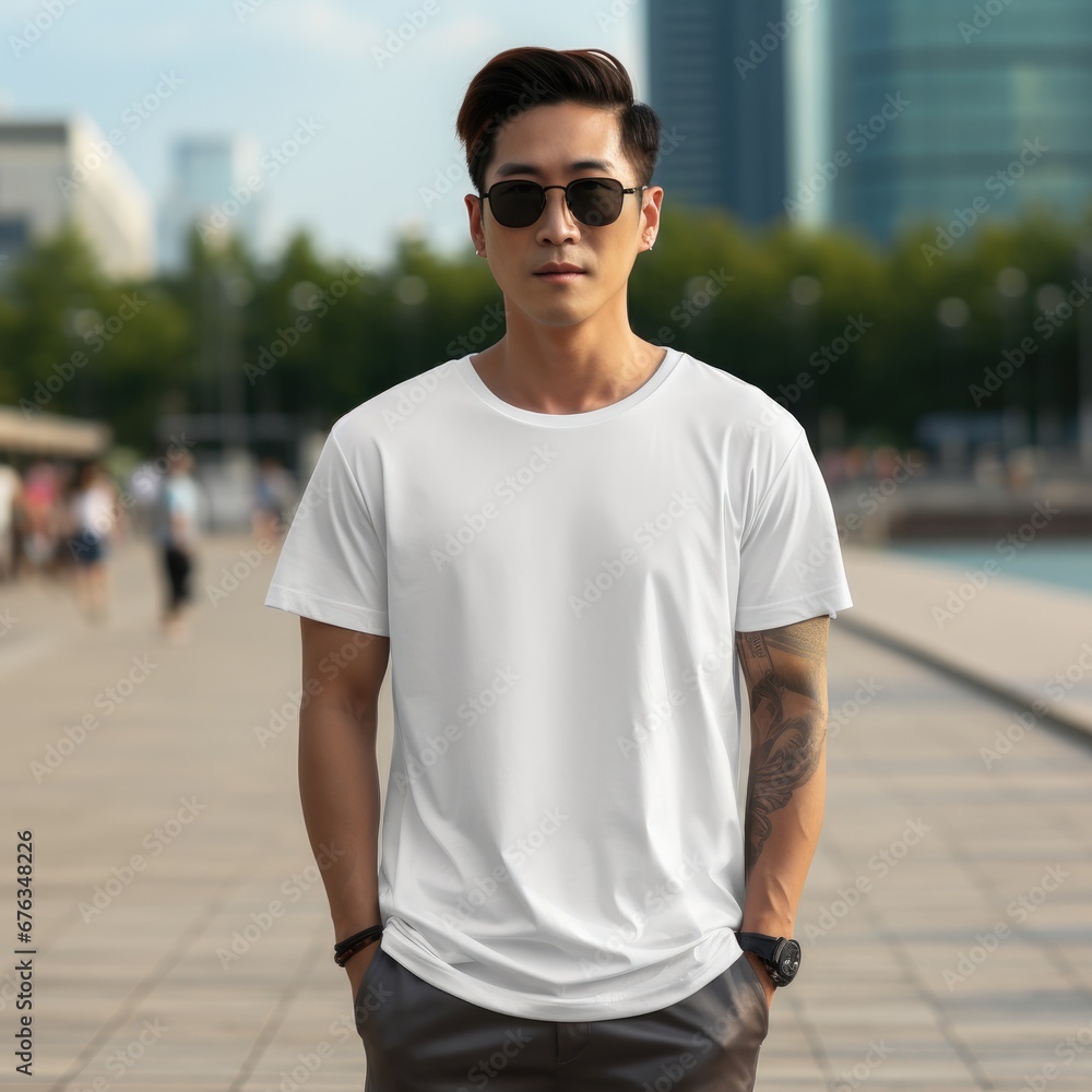 Handsome asian male wearing blank empty t-shirt Handsome asian male wearing blank empty t-shirt