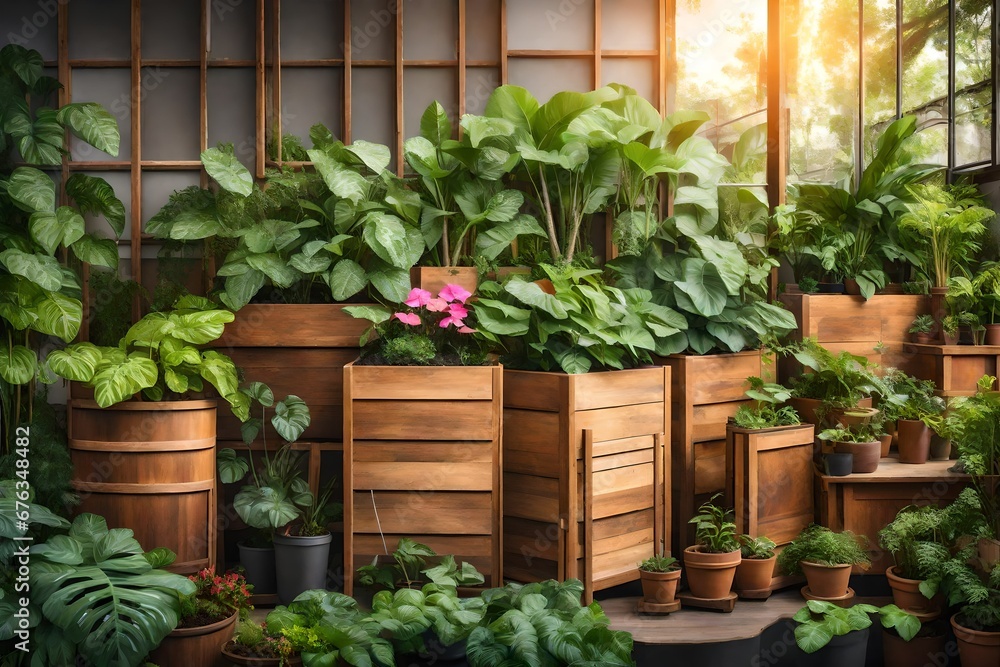 Plants potted in wooden planters. Outdoor urban gardens with trees, herbage, flora, shrubs, ivy, flowers, Bougainville, taro, elephant ears, hibiscus and ferns