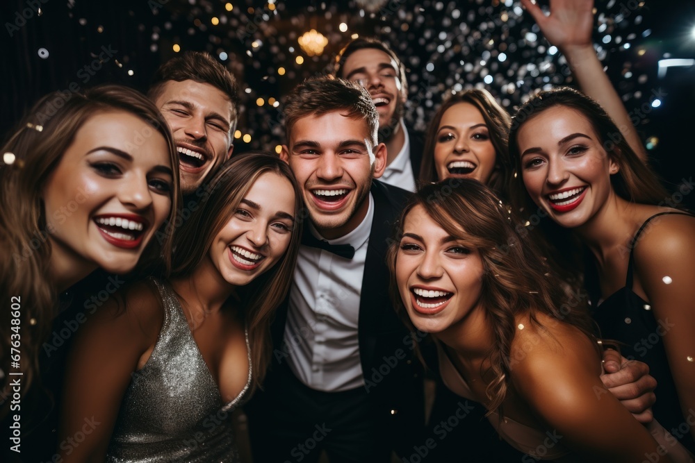 A company of happy young people in evening dresses and suits, smiling posing for camera. Party, graduation for students. Celebrating the new year.