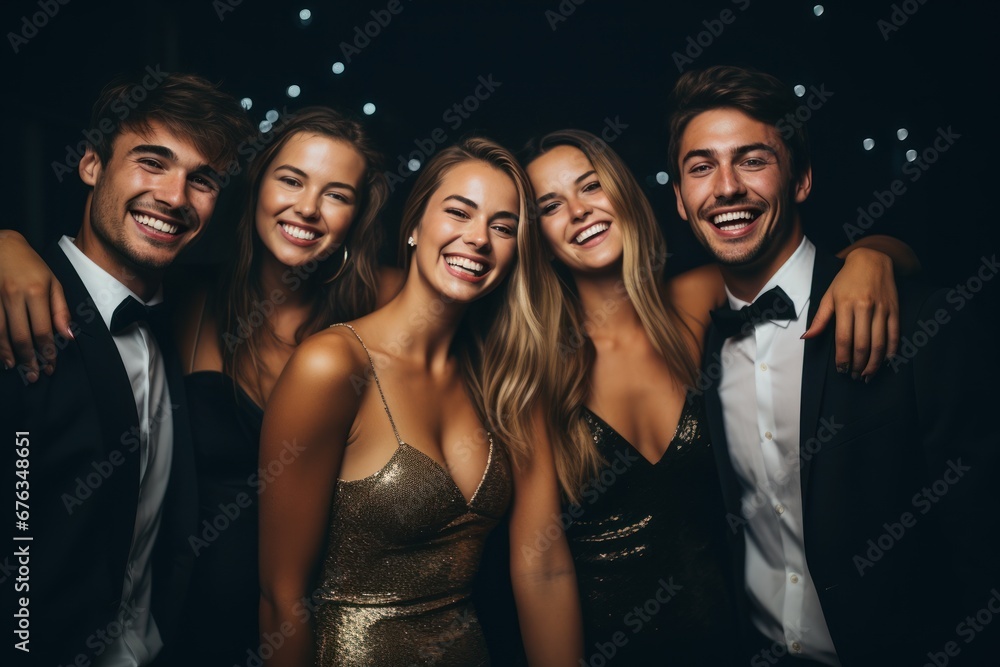 Fototapeta premium A company of happy young people in evening dresses and suits, smiling posing for camera. Party, graduation for students. Celebrating the new year.